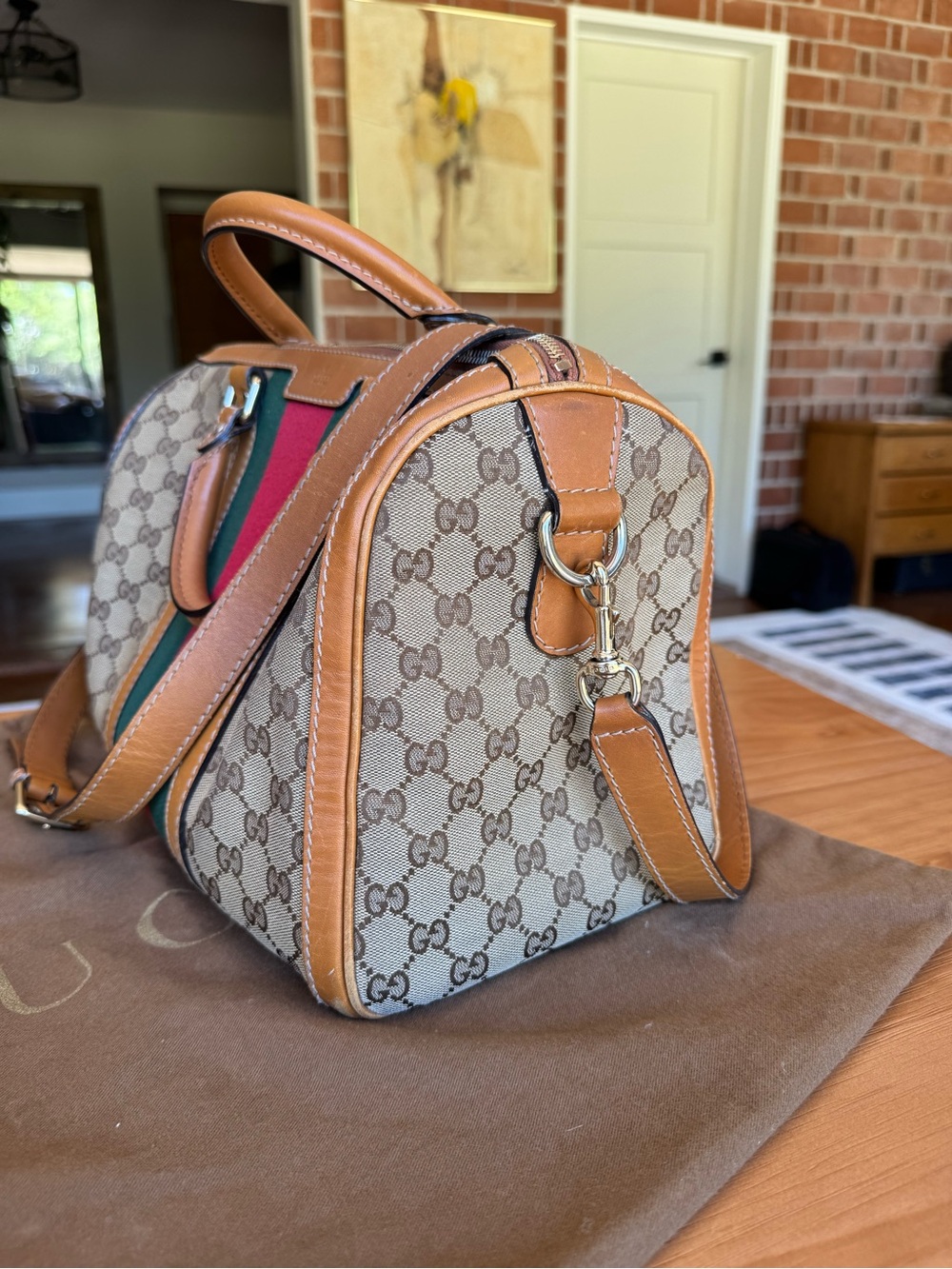 Vintage Gucci Tan GG Supreme Satchel with Red & Green Stripe - Picture 2 of 14